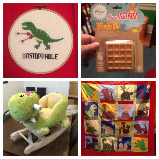 Left to right, top to bottom:Fikri embroidered this hilarious cross-stitch that's now hanging in Remi's room, Waffle's sister found this teether for the soon-to-be littlest Waffle, KaeLyn's coworkers sent this badass dino rocker to her office, KaeLyn's mom worked tirelessly on this handmade dino quilt that is definitely going to be Remi's favorite blankie.