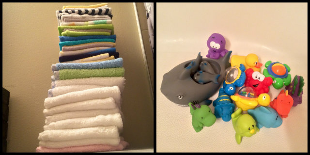 The leaning tower of washcloths and our bathtime toy collection.