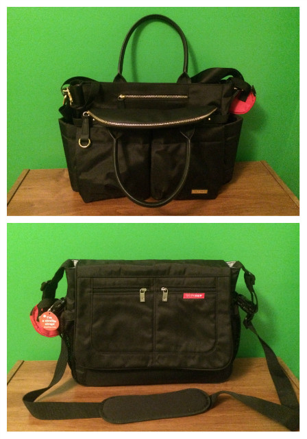 Your Queer Mom and Dad Diaper Bags (Chelsea Downtown Chic Diaper Satchel for Kae and Black Messenger Diaper Bag for Waffle, both by SkipHop)