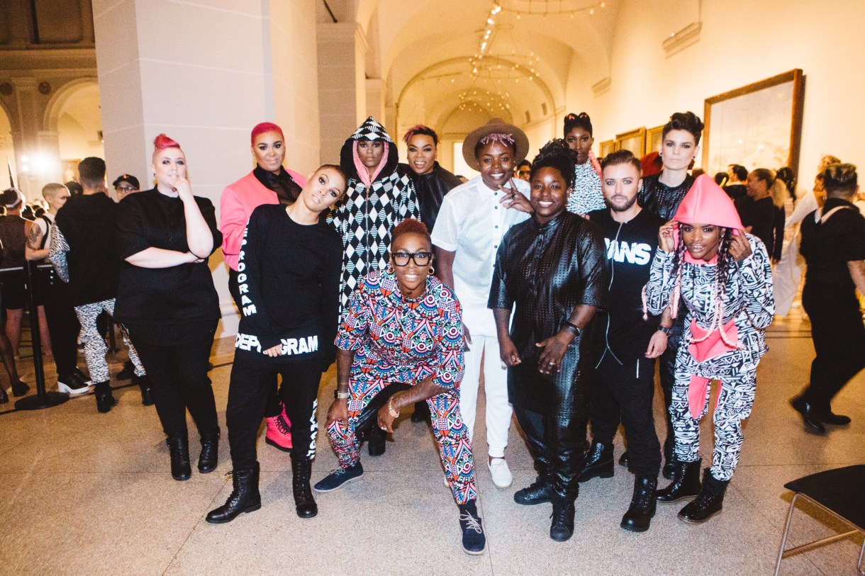 the models and designers after the show (Kirst Callahan, Jazzmyne Robbins, Janeeka Muse, Shalisa West, Madam Muse, Charlie Poulson, Alyssa Evans, Gina Yashere, Latoya Robert, Uzo Amaka, Stoney Michelli, Whitney Wheat, not pictured Millz Serano)