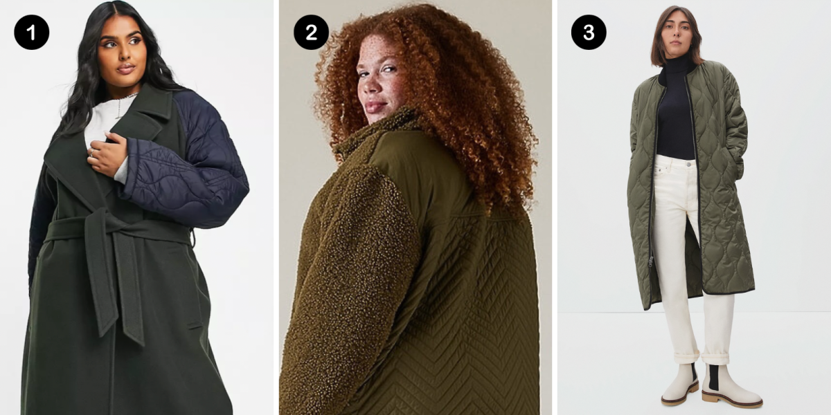 Gay winter coats: 1. A grey trench coat with quilted navy blue sleeves, 2. An olive colored sherpa and quilt combination jacket, 3. A long olive quilted coat
