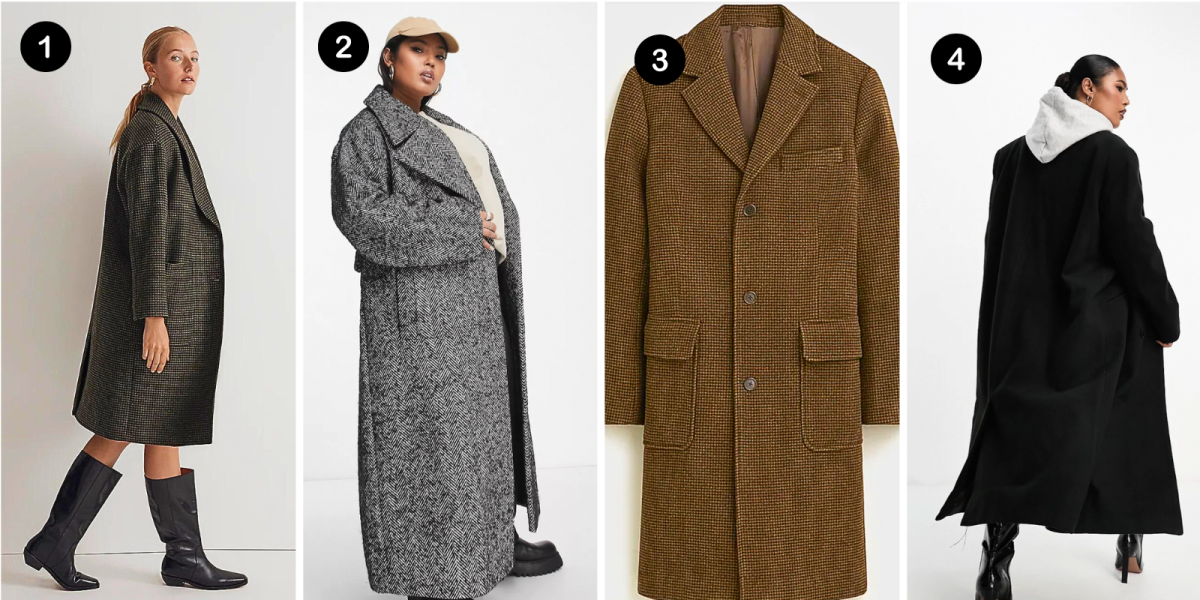 1. A houndstooth long coat, 2. A herringbone long coat, 3. A dark brown houndstooth long coat, 4. A jet black long coat