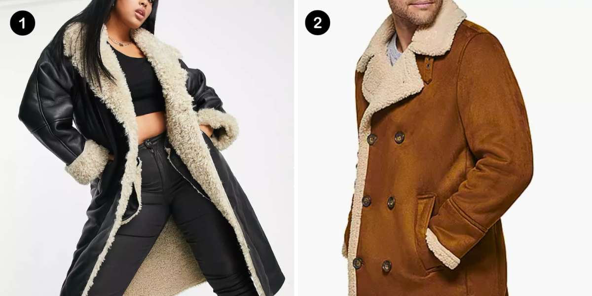 Gay winter coats: 1. A Black long trench coat with leather exterior and sherpa interior, 2. A men's brown suede coat with sherpa interior