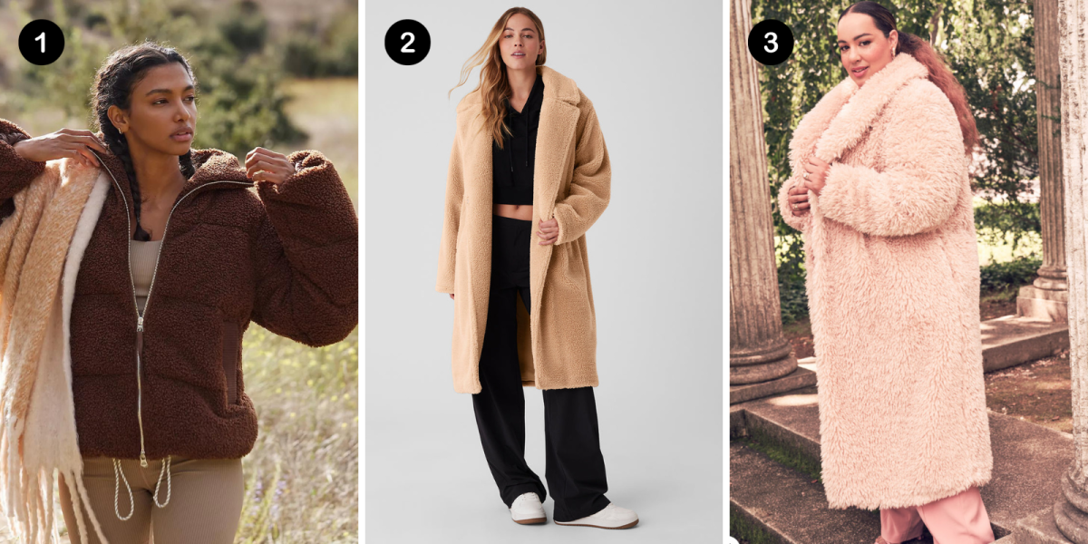 Gay winter coats: 1. Brown sherpa, 2. Tan long sherpa, 3. Pink plus size long sherpa