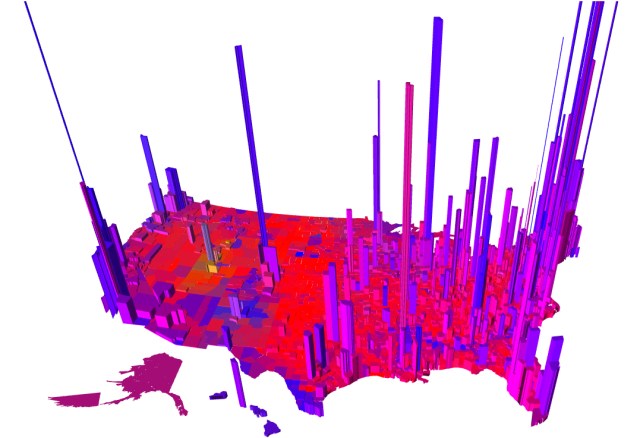 2016 presidential election results. The height of each tower is proportional to the "voter density" so that the volume of each "tower" is proportional to the number of votes. Via Robert J. Vanderbei, Princeton.