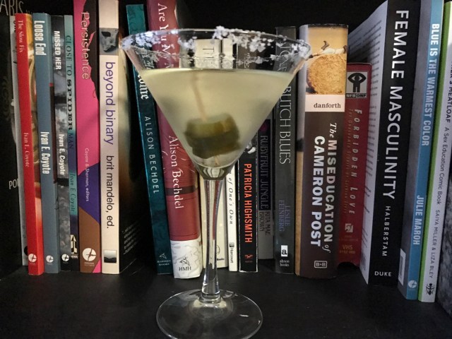 I leant my copy of Dykes To Watch Out For to one of my friends HI ELLIOT I hope you like it also I almost posted this photo upside down because I am ENJOYING THIS MARTINI while I insert photos I hope you do too the end