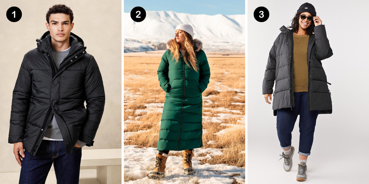 Gay winter coats: 1. A black mens puffer coat, 2. a long green puffer coat, 3. a medium length grey puffer coat
