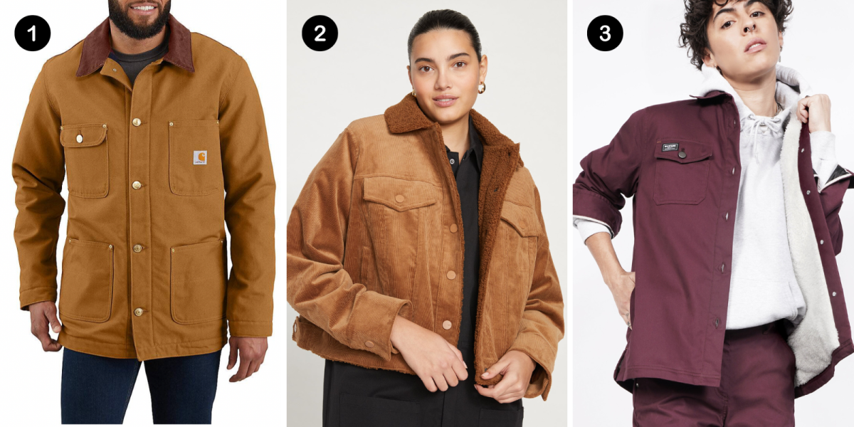 1. A dark tan work coat, 2. A dark tan corduroy lines work coat, 3. A plum lined work coat