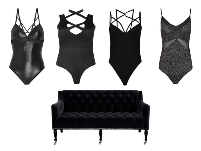 strappy black bodysuits and a black velvet couch