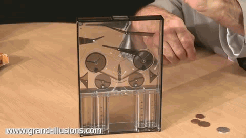 Coin sorting by wheels, levers and gravity. Via Grand Illusions.