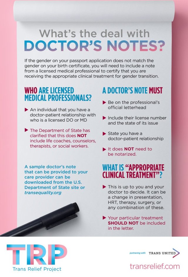 What's the deal with doctor's notes? If the gender on yoru passport application does not match the gender on your birth certificate, you will need to include a note from a licensed medical professional to certify that you are receiving the appropriate clinical treatment for gender transition. Who are licensed medical professionals? An individual that you have a doctor-patient relationship with who is a licensed DO or MD. The Department of State has clarified that this does NOT include life coaches, counselors, therapists, or social workers. A doctor's note must > be on the professional's official letter head > Include their license number and the state of its issue > state you have a doctor-patnent relationship > it does NOT need to be notarized. What is "appropriate clinical treatment"? > This is up to you and your doctor to decide. It can be a change in presentation, HRT, therapy, surgery, or any combination of these. Your particular treatment SHOULD NOT be included in the letter. A sample doctor's note thatn can be provided to your care provider can be downloaded from the US Department of State site or transequality.org.