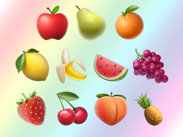 An image of various fruit emoji, superimposed over a light rainbow background