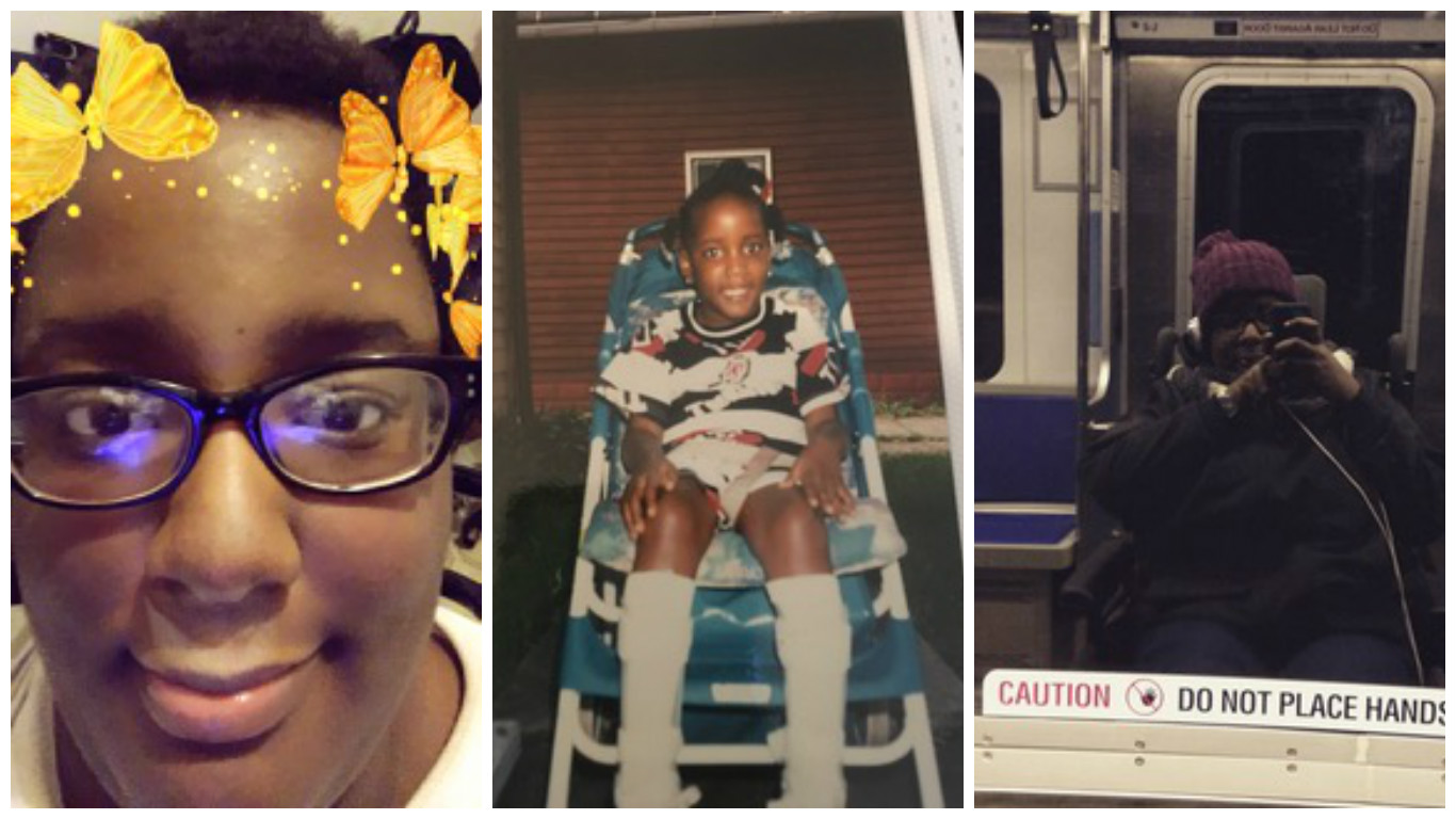Three photos of Angel Powell, a Black woman in her mid-twenties, side by side. The first shows her looking into the camera with black rimmed glasses, short hair, and yellow/orange animated butterflies around her head from a Snapchat filter. The second photo, to the right of the first, is of Angel as a child, sitting in a blue and white striped lawn chair with knee-high white braces on her legs. The final photo is of Angel in her wheelchair on a subway train; the shot is of her reflection off the subway window. She is wearing a black jacket and purple beanie.