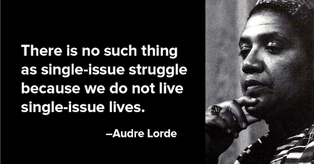 image of audre lorde with the quote "there is no such thing as a single issue struggle because we do not live single issue lives."