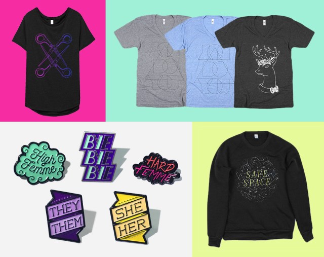Holigays Merch! Black Scissoring Tee, You Do You Shirts in Heather Grey and Blue, Queer Deer Tee, Enamel Pins (High Femme, Bi Bi Bi, Hard Femme, They/Them and She/Her Pronoun Pins) and the Safe Space Black Fleece Sweater!