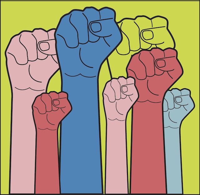 fists of different colors raised together