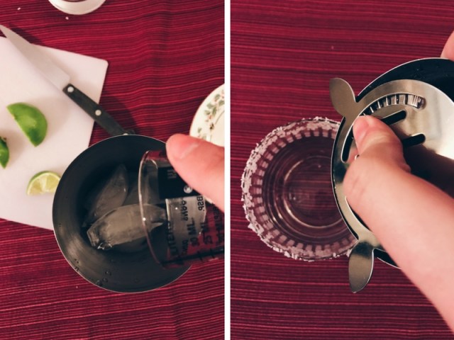 photo of tequila being poured into a shaker next to a cocktail being strained into a rimmed glass