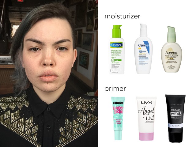 This is my face without any makeup. Before putting any makeup on, it's smart to use a moisturizer and a primer. I recommend a CeraVe brand moisturizer and the NYX Angel Veil primer, which you can buy at drugstores.