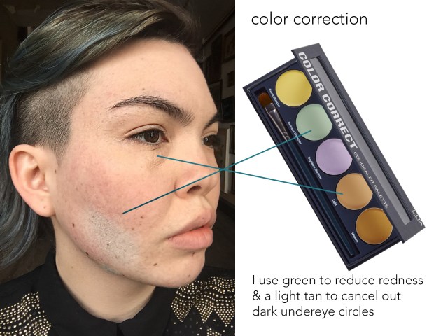 This image shows how I color correct my face. Color correction is a tool that lets you hide blemishes by using different colors. For example, if you have red acne scars, the color green will cancel out redness. So I put on a green color correction over my acne scars before I put on foundation, and this hides them better.