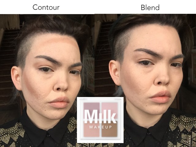 I'm contouring my face here. I like cream contours that you can just swipe onto your cheekbones with your fingers and then blend in. Milk Makeup's Matte Quad has a brown shade in it that works wonders as a subtle contour.