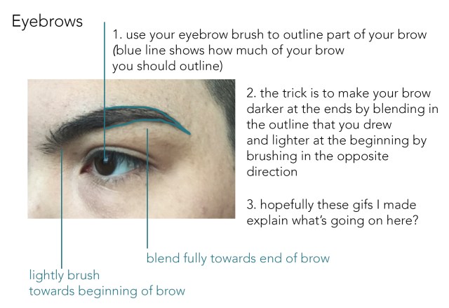 Step 1: Use your eyebrow brush to outline part of your brow, the half that sweeps toward your temple. Step 2: The trick is to make your brow darker at the ends by blending in the outline that you drew and lighter at the beginning by brushing in the opposite direction. Some .gifs follow that illustrate this motion.
