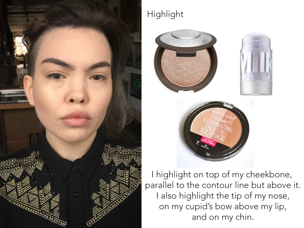 The last step is sweeping a highlighter on top of your cheekbones, above where you contoured.