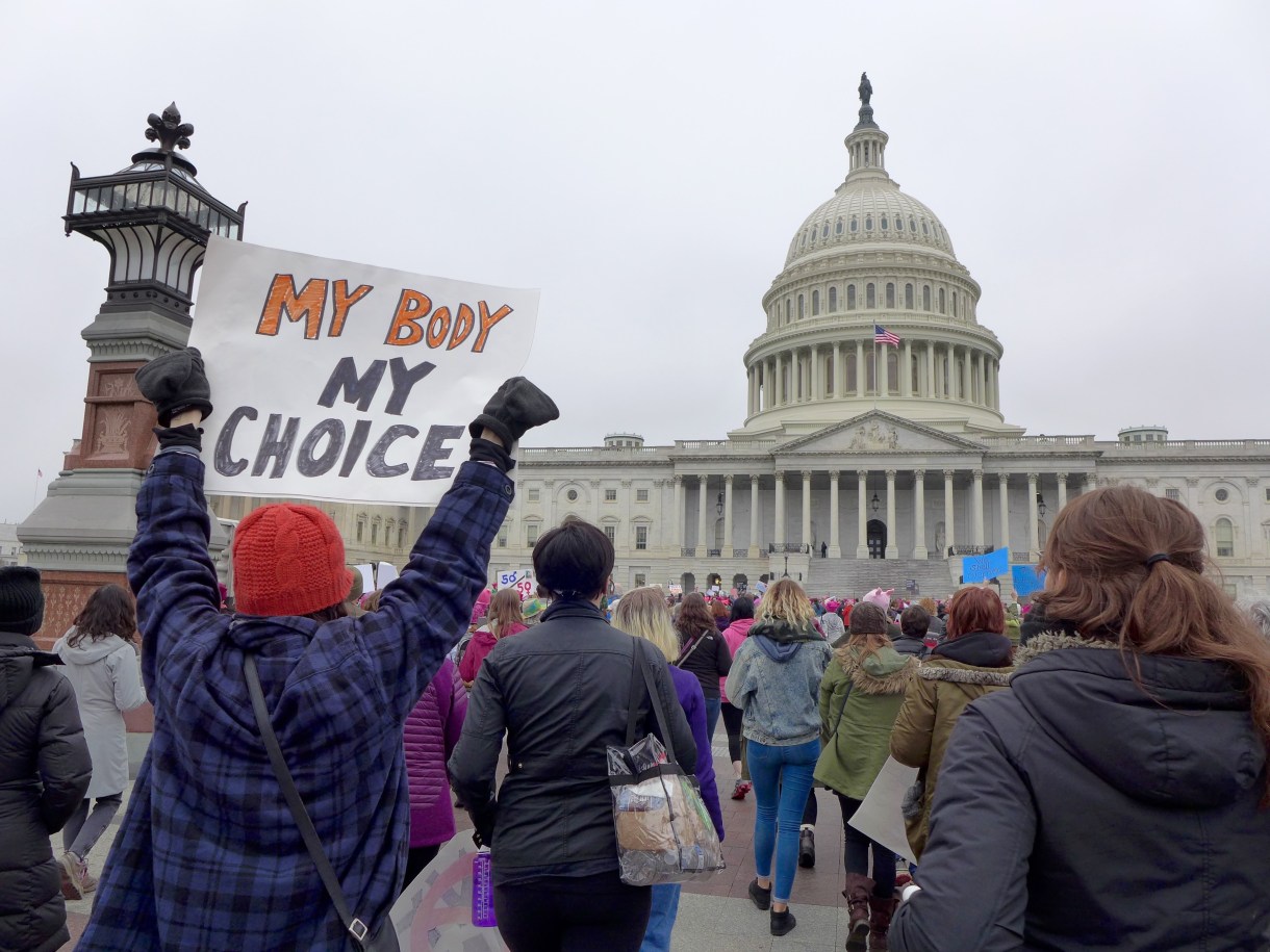 Photo of a person holding a sign that says "my body my choice" in front of the Capitol building. From the Women's March on Washington.