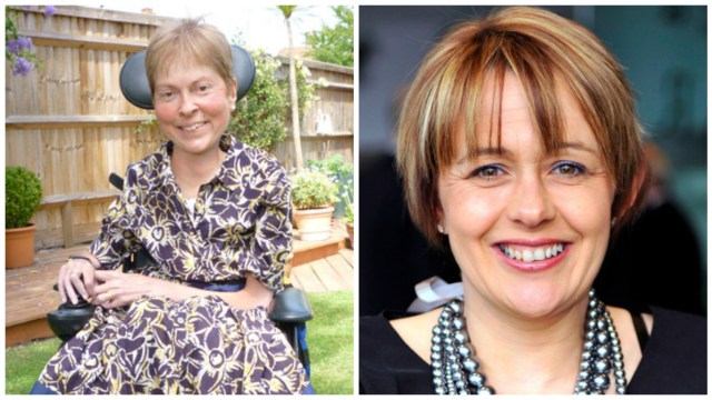 Two photos side by side. On the left, a white woman in her late fifties with short blonde hair and a purple and white printed dress sits in a power wheelchair. She is outside in a yard with a tall wooden fence in the background. On the right, a white woman in her late forties with red and blonde highlighted hair smiles into the camera. She is wearing silver necklaces and a black top.