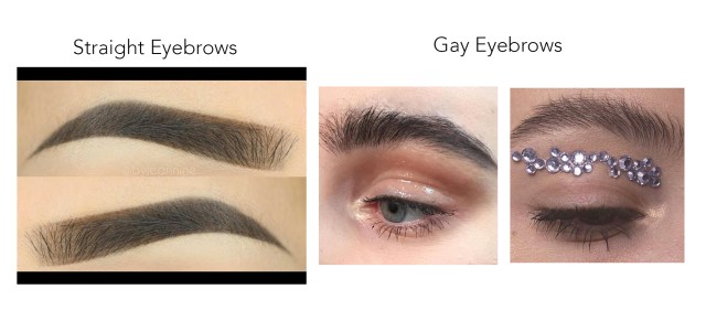 Precisely defined eyebrows with sharp edges on the left compared to more untamed brows on the right