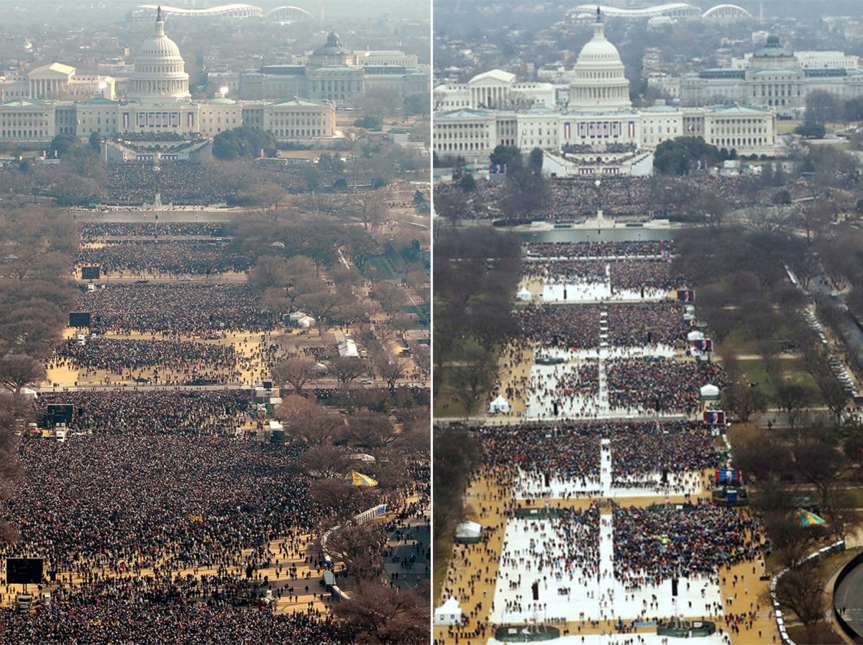 Comparison aerial photos. Donald Trump’s 2017 inauguration, right, appeared to draw a smaller crowd than Barack Obama’s 2009 inauguration, left. (Reuters via Washington Post)
