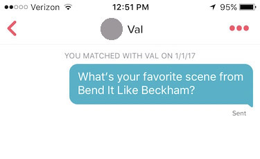 tinder screenshot that reads: “What’s your favorite scene from Bend It Like Beckham?"