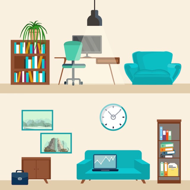 vector image of a bookshelf/desk/chair and below, like you're looking at a cutaway of a house, a cabinet/couch/clock/bookshelf with a retro-future feel