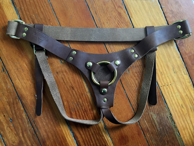 Brown leather harness laying on a wooden floor.