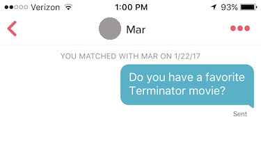 tinder screenshot that reads: "Do you have a favorite Terminator movie?"