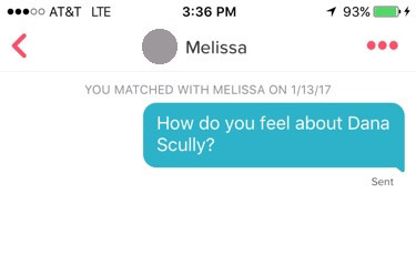 tinder screenshot that reads:“How do you feel about Dana Scully?”