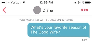 tinder screenshot that reads: "What’s your favorite season of The Good Wife?