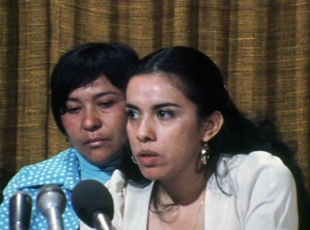 Two women. Dolores Madrigal (left) and attorney Antonia Hernández (right) at a press conference announcing the 1975 lawsuit Madrigal v. Quilligan. NBC Universal Archives, via No Más Bebés.