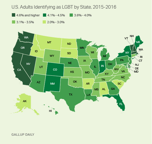 A map of the United States illustrates the percentage of Americans by state who identify as LGBTQ.