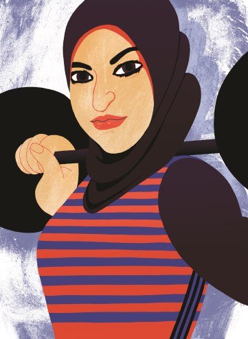 Amna Al Haddad, illustrated, lifting a barbell
