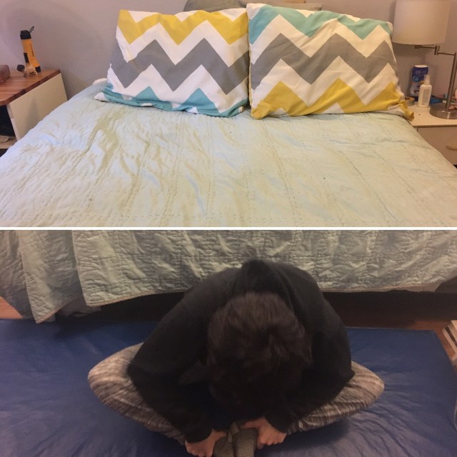 Two photos together: the top one is of a freshly made bed with a light green top blanket and pillows with teal, yellow and gray chevrons. Bottom photo is of a white woman with short brown hair doing a butterfly stretch on a blue exercise mat.