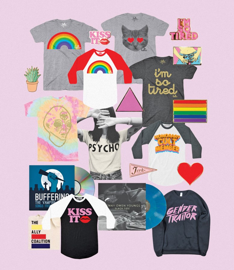 hello merch selection of tees and = enamel pins