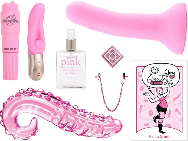 collage of the pastel pink sex toys listed below