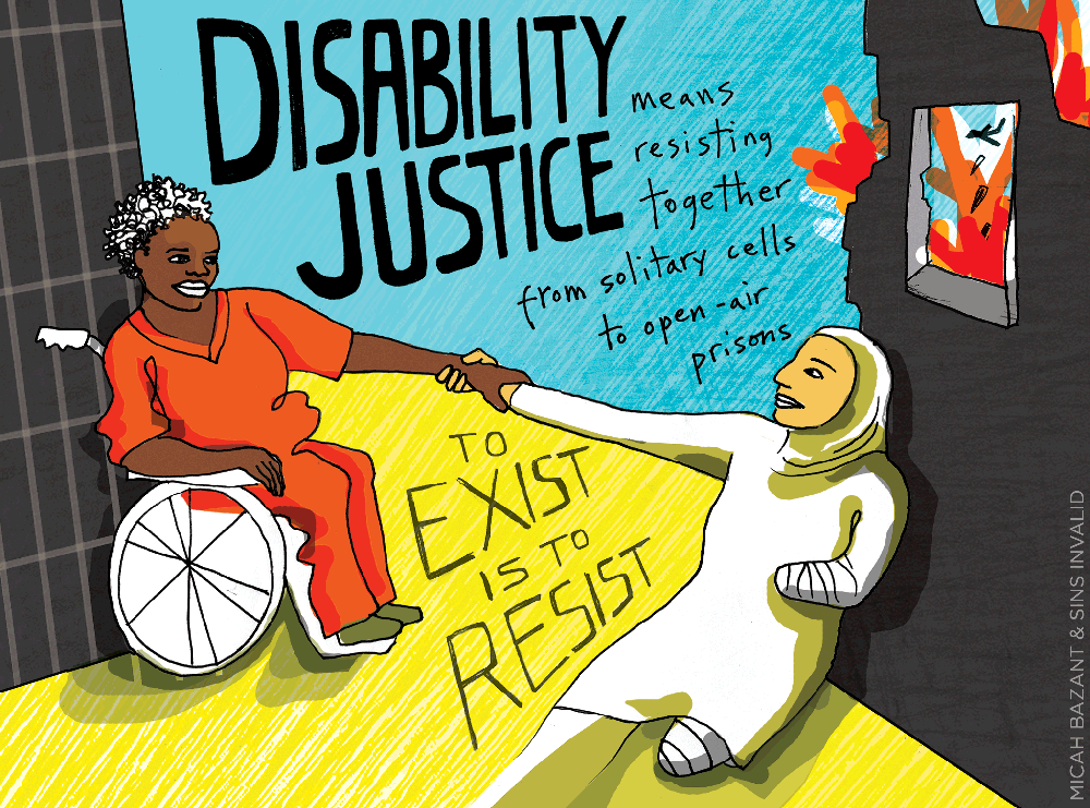 An animated rendering of a black woman in an orange jumpsuit reaching for the hand of a Middle Eastern woman in hijab and with her left leg and arm amputated. The text above them says "Disability justice means resisting togther from solitary cells to open-air prisons," and the text below them says "To exist is to resist."