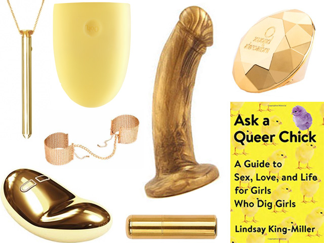 collage of the gold and yellow sex toys listed below