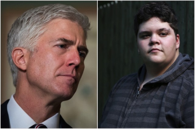 Neil Gorsuch, left, and Gavin Grimm, right