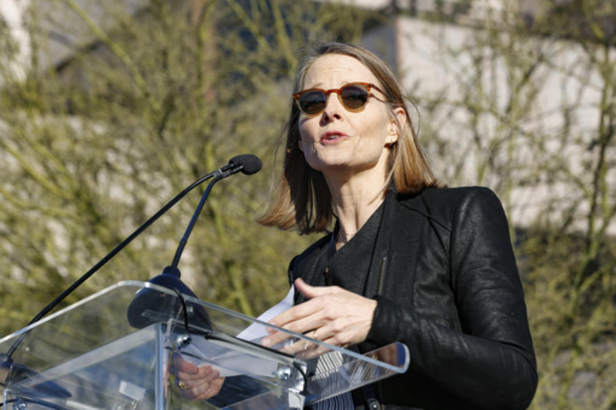 Jodie Foster speaks at an anti-Trump rally in Beverly Hills.