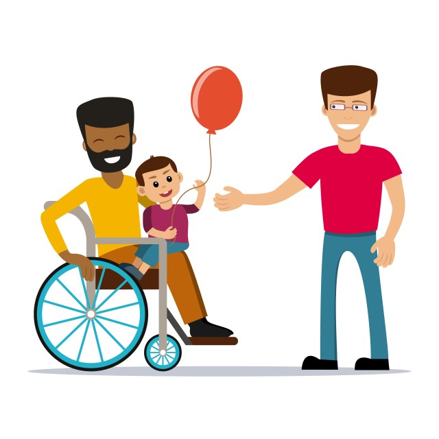 Cartoon rendering of a gay male couple with a baby. One man is black and the other is white; the black man is in a manual wheelchair and has the baby on his lap. The baby is holding a balloon. The white man has brown hair and glasses and is extending one hand toward the baby.