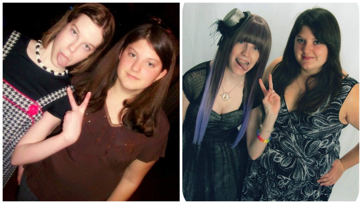 Two photos side by side. On the left, two young teenagers look into the camera smiling. The person on the left in that photo is sticking her tongue out and holding up a peace sign. On the right, the same people in the same pose, six years later.