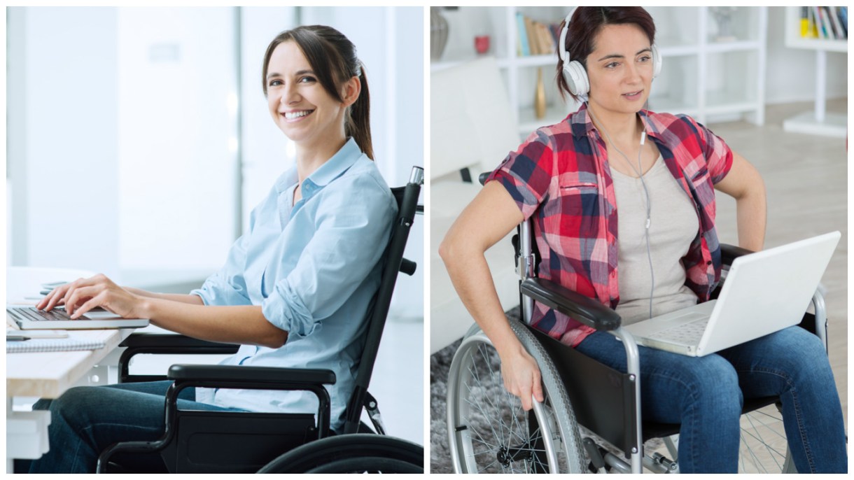 Two photos side by side. On the left, a white woman with dark brown hair in a light blue shirt and sitting in a black manual wheelchair smiles into the camera while typing on a laptop computer. On the right, a different white woman in blue jeans and a short sleeved red plaid shirt over a gray top holds the wheels of her manual wheelchair. There is a laptop on her lap and she has white headphones over her ears.