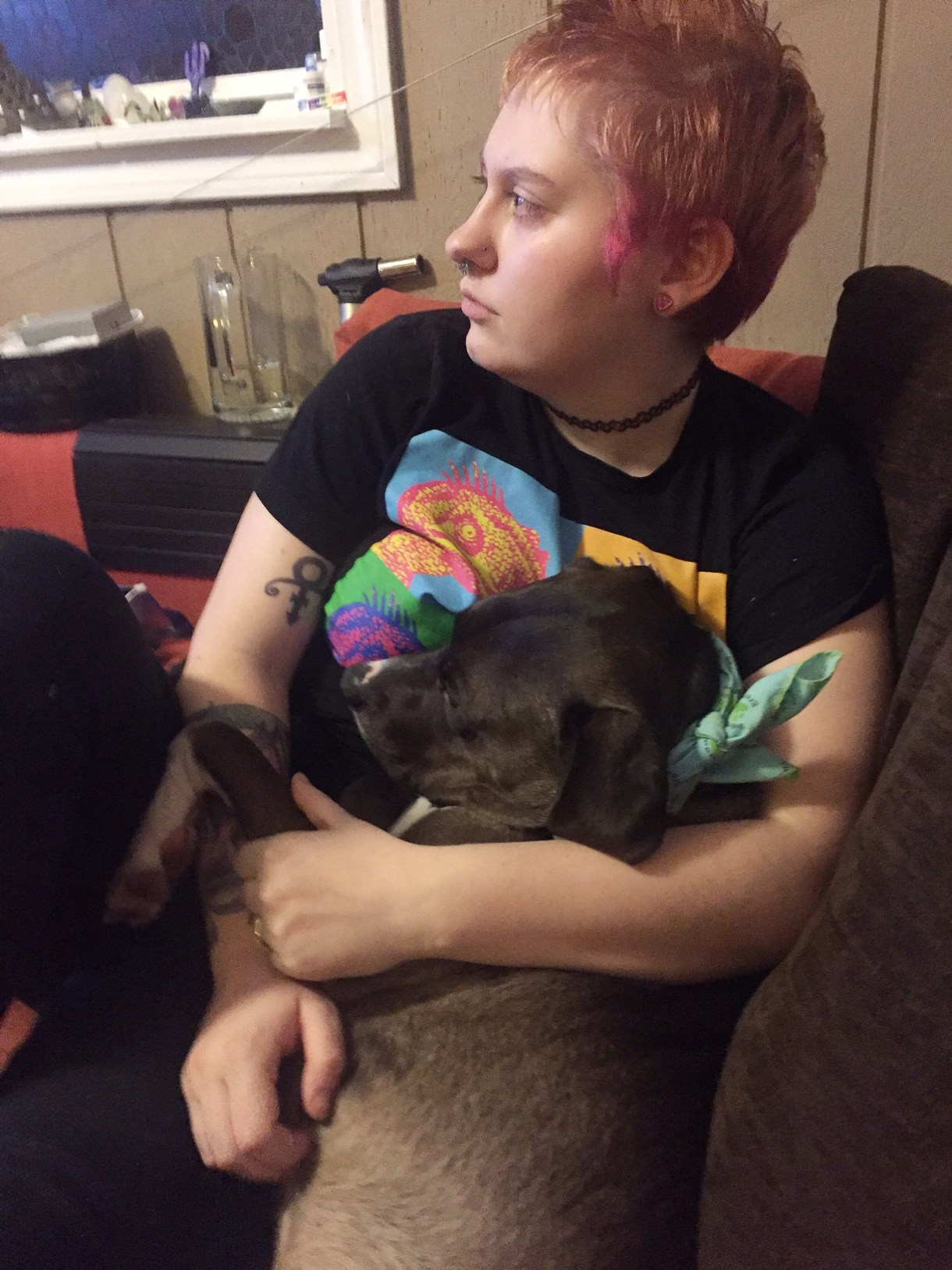 A light-skinned person with short pink hair cuddles a black dog on the couch